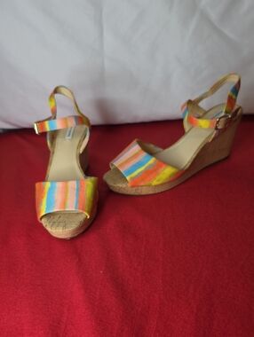 Alex Marie Claramir Rainbow Striped Cork Wedge Sandals - 7M